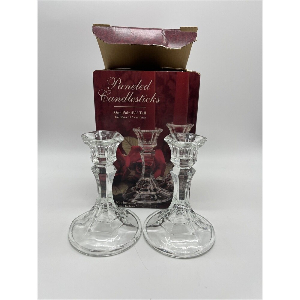 Antique Crystal Paneled Candlesticks Set of 2- 5.5" Indiana Glass New In Box USA